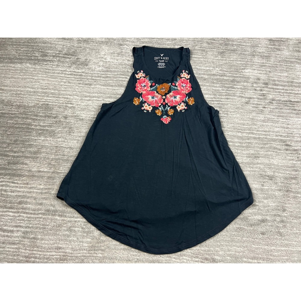 American Eagle Tank Womens M Blue Soft & Sexy Floral Embroidered Boho Sleeveless